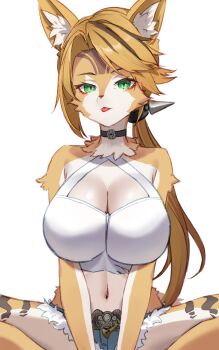 1girl animal_ear_fluff animal_ears blonde_hair body_fur breasts cat_ears cat_girl cat_tail furry furry_female green_eyes highres cross-laced_sleeves large_breasts long_hair looking_at_viewer multicolored_fur pulchra_fellini serval solo tail yashirinda yellow_fur zenless_zone_zero