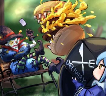 Rule 34 | 1girl, absurdres, apron, blue hair, blue kimono, bread bun, burger, delivery, dinner, dragon girl, duel monster, fast food, food, food-themed creature, gloves, hatano kiyoshi, highres, holding, holding food, hungry burger, insulated delivery bag, japanese clothes, japanese flag, kimono, laundry dragonmaid, lettuce, maid, mini flag, multicolored hair, open mouth, saggi the dark clown, teeth, wa maid, yellow eyes, yu-gi-oh!