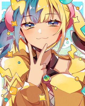 1girl :3 blonde_hair blue_eyes blue_hair canari_(pokemon) eyelashes highres jacket long_sleeves looking_at_viewer mega_stone multicolored_hair nintendo pokemon pokemon_legends:_z-a short_hair solo split-color_hair to_camellia two-tone_hair upper_body v yellow_jacket