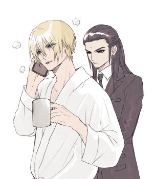 2boys ah_yoshimizu bathrobe black_hair black_jacket black_pants black_suit blonde_hair blue_eyes closed_mouth collarbone commentary_request cup final_fantasy final_fantasy_vii final_fantasy_vii_remake formal_clothes hair_between_eyes hair_slicked_back highres holding holding_cup holding_phone jacket long_hair male_focus multiple_boys pants parted_lips phone robe rufus_shinra short_hair suit suit_jacket talking_on_phone tseng upper_body wet wet_hair white_robe
