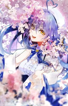 Rule 34 | 1girl, absurdres, ahoge, belt, beret, black corset, blue bow, blue bowtie, blue coat, blue hair, blue skirt, blush, bow, bowtie, braid, breasts, center frills, cherry blossoms, cleavage cutout, clothing cutout, coat, coat partially removed, commentary request, corset, crossed bangs, double-parted bangs, elf, flower, frilled shirt, frills, fur-trimmed coat, fur trim, hair between eyes, hair flower, hair ornament, half up braid, hat, heart, heart ahoge, highres, hololive, large breasts, long hair, looking at viewer, multicolored hair, open mouth, plaid bow, plaid bowtie, plaid clothes, pointy ears, shirt, sidelocks, skeb1130, skirt, sleeveless, sleeveless shirt, solo, streaked hair, very long hair, virtual youtuber, white hat, white shirt, yellow eyes, yukihana lamy, yukihana lamy (1st costume)