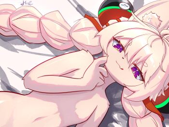 1girl :p animal_ear_fluff animal_ears artist_name bare_arms bare_shoulders braid braided_twintails bright_pupils chin_rub closed_mouth flat_chest furry furry_female hair_ornament heli_(95304149177) highres long_hair looking_at_viewer lying navel nude pink_fur pink_hair purple_eyes rabbit_ears rabbit_girl screw short_eyebrows signature solo thick_eyebrows tongue tongue_out twin_braids twintails white_pupils xiaohongshu_id zenless_zone_zero zhao_(zenless_zone_zero)