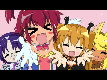 >_< 4girls aiko_(magipoka) animal_ears blonde_hair blush blush_stickers brown_hair closed_eyes fingerless_gloves glasses gloves hairband letterboxed liru long_hair lucky_star motteke!_serafuku multiple_girls open_mouth pachira parody pointy_ears purple_hair renkin_san-kyuu_magical_pokaan short_hair smile suzunashi_susumu twintails wolf_ears yuuma_(magipoka)