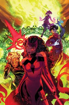 Rule 34 | 2boys, 2girls, amaranth (marvel), avengers (series), billy maximoff, black hair, blood, blood on clothes, blood on face, blue bodysuit, bodysuit, brothers, brown hair, cloak, colored sclera, comic cover, commentary, cowboy shot, curly hair, dress, english commentary, english text, glowing, glowing eyes, glowing weapon, goggles, highres, holding, holding behind back, holding weapon behind back, initial, looking at viewer, magic, marvel, mother and son, multiple boys, multiple girls, official art, orange-tinted eyewear, pink hair, red cloak, red dress, red eyes, russell dauterman, scarlet witch, short hair, siblings, speed (marvel), superhero costume, teacher and student, tinted eyewear, tommy maximoff, toned, toned male, torn clothes, wanda maximoff, weapon, white hair, wiccan, witch, yellow sclera, young avengers