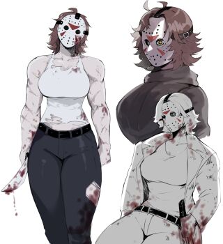 1girl absurdres blood blood_on_clothes bloody_weapon breasts brown_coat brown_hair coat commentary cross_scar english_commentary friday_the_13th genderswap genderswap_(mtf) highres hockey_mask holding_machete jason_voorhees large_breasts mask masoq muscular muscular_female narrow_waist pants scar scar_on_arm scar_on_shoulder sitting tank_top thick_thighs thighs torn_clothes torn_pants torn_tank_top weapon white_tank_top yellow_eyes
