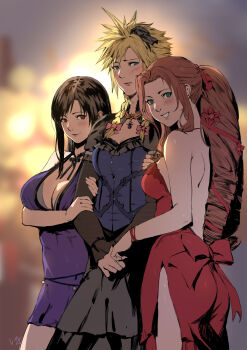 1boy 2girls aerith_gainsborough aerith_gainsborough_(red_dress) arm_hug asymmetrical_bangs back back_bow backless_dress backless_outfit bad_id bad_pixiv_id bare_arms bare_shoulders black_hair blonde_hair blurry blurry_background blush bow braid breasts brown_hair cleavage closed_mouth cloud_strife cloud_strife_(blue_dress) club3 crossdressing double_arm_hug dress embarrassed final_fantasy final_fantasy_vii final_fantasy_vii_remake flower grin hair_flower hair_ornament hair_ribbon head_tilt highres large_breasts lips long_dress long_sleeves looking_at_viewer looking_back medium_breasts multiple_girls neck parted_bangs parted_lips pink_ribbon ponytail purple_dress red_bow red_dress red_flower red_ribbon ribbon short_dress side_braids side_slit sidelocks sleeves_past_wrists smile spiked_hair square_enix standing strapless strapless_dress tifa_lockhart tifa_lockhart_(refined_dress) wall_market