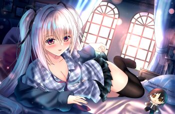 Rule 34 | 1girl, :p, backlighting, black jacket, black ribbon, black skirt, black thighhighs, blush, breasts, button gap, buttons, casual, character doll, cleavage, closed mouth, collared shirt, commentary request, curtains, day, doll, dracu-riot!, dutch angle, elena olegovna owen, full body, grey hair, grey shirt, hair between eyes, hair ribbon, highres, indoors, izumikuu, jacket, large breasts, lens flare, light smile, long hair, long sleeves, looking at viewer, lying, miniskirt, mutsura yuuto, necktie, no shoes, official alternate costume, on bed, on side, open clothes, open jacket, partial commentary, pillow, plaid clothes, plaid shirt, pleated skirt, red eyes, red necktie, ribbon, shirt, sidelocks, single hair intake, skirt, skirt hold, thighhighs, thighs, toes, tongue, tongue out, twintails, twitter username, very long hair, window, zettai ryouiki