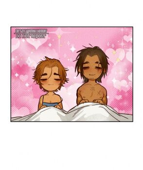 1boy 1girl artist_name blue_nightgown brown_hair castlevania_(netflix) castlevania_(series) commentary_request copyright_request facial_hair heart heart_background highres muscular muscular_male nightgown orange_hair scar scar_on_face sypha_belnades trevor_c._belmont umikochannart