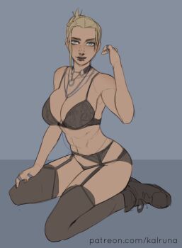 1girl black_bra black_panties black_thighhighs blonde_hair bra face_piercing garter_belt garter_straps kalruna kneeling lip_piercing nose_piercing original panties piercing solo thighhighs underwear