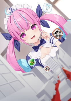 1girl ahoge anchor_symbol blue_bow blue_bowtie blue_dress blue_hair blue_ribbon blunt_bangs blush bow bowtie braid breasts cities_skylines cleavage_cutout clothing_cutout colored_inner_hair commentary_request dress drill_hair fanged_bangs finger_to_face frilled_dress frills hair_ribbon half_up_braid highres hololive indoors kag_tsukimi long_hair maid_headdress medium_breasts minato_aqua minato_aqua_(1st_costume) miniature model multicolored_hair open_mouth puffy_short_sleeves puffy_sleeves purple_eyes ribbon short_sleeves solo streaked_hair sweatdrop twin_drills twintails two-tone_hair virtual_youtuber wavy_mouth window wrist_cuffs