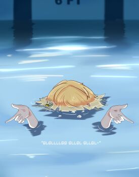 1girl absurdres air_bubble blonde_hair bubble chiyo_chiyori commentary hair_ornament hairclip highres i'll_teach_you_everything_(chainsaw_man) implied_nudity indie_virtual_youtuber light_reflection_(water) parody partially_submerged pool scene_reference shadowsky_exe solo virtual_youtuber water wet wet_hair