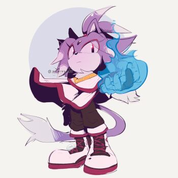 1girl alternate_costume alternate_eye_color alternate_hairstyle animal_ears blaze_the_cat blue_fire brown_pants cat_ears cat_tail cloak closed_mouth commission dani_ve fire flaming_hand forehead_jewel furry furry_female gold_necklace jewelry necklace pants red_eyes shoes simple_background sneakers solo sonic_(series) tail white_cloak