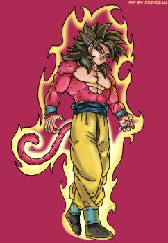 Rule 34 | 1boy, absurdres, black hair, blue sash, body fur, dougi, dragon ball, dragon ball gt, highres, long hair, looking at viewer, male focus, monkey boy, monkey tail, muscular, muscular male, no nipples, pants, pectorals, red fur, saiyan, sash, smile, solo, son goku, spiked hair, super saiyan, super saiyan 4, tail, y0zh0, yellow eyes, yellow pants