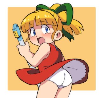 1girl android ass blonde_hair blue_eyes blush broom capcom dress embarrassed from_behind green_ribbon hair_ribbon holding holding_broom loli long_hair looking_at_viewer looking_back mega_man_(classic) mega_man_(series) open_mouth panties ponytail red_dress ribbon robot roll_(mega_man) sleeveless sleeveless_dress standing surprised underwear white_panties wind wind_lift yellow_background yume_yoroi