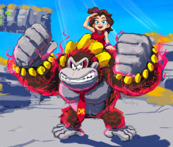 1boy 1girl blue_sky brown_fur brown_hair clenched_hands day donkey_kong donkey_kong_(series) donkey_kong_bananza full_body furry furry_male hands_up highres kong_bananza legs_apart necktie nintendo open_mouth outdoors pauline_(mario) pauline_(young)_(mario) red_necktie shadow sky smile standing teeth upper_teeth_only yamari_(ya_mari_6363)