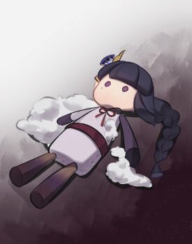 Rule 34 | absurdres, benzhaluantie64120, braid, character doll, chinese commentary, commentary request, doll, genshin impact, hair ornament, highres, mole, mole under eye, neck ribbon, no mouth, on ground, purple eyes, purple hair, raiden shogun, red ribbon, red sash, ribbon, sash, single braid, torn