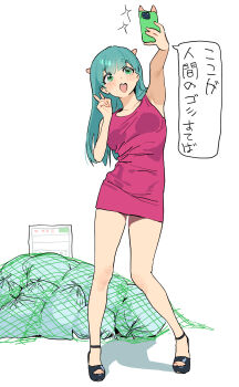 1girl :d aqua_hair arm_up armpits bare_legs blush breasts cellphone collarbone dress eyelashes green_eyes high_heel_sandals highres legs long_hair medium_breasts nahia_(some1else45) nail_polish open_mouth original phone pink_dress sandals selfie shadow short_dress simple_background sketch smartphone smile solo some1else45 speech_bubble strappy_heels thick_eyebrows thighs toenail_polish toenails trash_bag v white_background