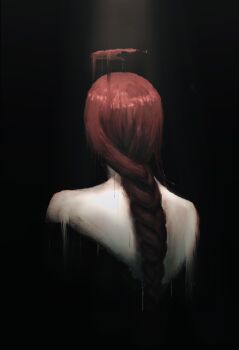 1girl black_background blood blood_halo braid braided_ponytail chainsaw_man from_behind halo highres liquid_halo long_hair makima_(chainsaw_man) red_hair solo tanuki_neko_(yamaneko)