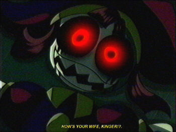 1990s_(style) 1girl brown_hair commentary english_commentary english_text glowing glowing_eyes horror_(theme) jester looking_at_viewer lueduar open_mouth pomni_(the_amazing_digital_circus) possessed possession red_eyes retro_artstyle scene_reference sharp_teeth smile solo subtitled teeth the_amazing_digital_circus vhs_artifacts