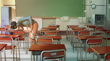 1boy 1girl age_difference black_hair chair chalkboard chipokan classroom clock clothed_sex commentary_request desk doggystyle flat_chest full_body hetero indoors locker loli long_hair paper podium school school_chair school_desk sex sex_from_behind size_difference television wall_clock