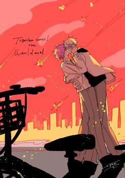 2boys bicycle black_hoodie black_shoes blue_lock commentary_request english_text grey_pants hakuho_high_school_uniform hand_on_another's_cheek hand_on_another's_face hand_on_another's_waist highres hood hoodie kiss mikage_reo multiple_boys nagi_seishirou pants purple_hair ray59egg red_background school_uniform shoes short_hair sky star_(sky) starry_sky white_hair yaoi