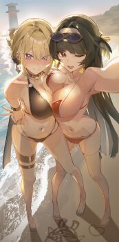 2girls ;d absurdres alternate_costume arm_strap astra_yao asymmetrical_docking beach bikini black_bikini black_choker black_hair black_sandals blonde_hair blush breast_press breasts choker closed_mouth collarbone drawing_on_sand evelyn_chevalier eyewear_on_head flip-flops full_body hair_intakes hairband halterneck highres large_breasts long_hair looking_at_viewer mole mole_under_each_eye mole_under_eye multi-strapped_bikini_bottom multiple_girls multiple_moles nail_polish navel ocean one_eye_closed open_mouth outdoors outstretched_arm pink_eyes purple_eyes reaching reaching_towards_viewer red_bikini revision sandals shiroserika smile standing stomach swimsuit thigh_strap tinted_eyewear toenail_polish toenails white_hairband yellow_sandals zenless_zone_zero