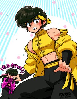 &gt;_&lt; artist_name bandana bare_shoulders black_hair black_pants blue_background blush_stickers brown_eyes character_request chibi clenched_teeth hibiki_ryouga jacket male_focus midriff off-shoulder_jacket off_shoulder open_mouth pants ranma_1/2 sweat teeth v-shaped_eyebrows wanta_(futoshi) yellow_bandana yellow_jacket