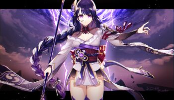 1girl blunt_bangs braid breasts bridal_gauntlets cloud cloudy_sky commentary_request electricity engulfing_lightning_(genshin_impact) genshin_impact hair_ornament hair_ribbon highres holding holding_polearm holding_weapon huge_breasts japanese_clothes lightning lingerie long_braid looking_at_viewer mole mole_under_eye neck_ribbon polearm purple_background purple_eyes purple_hair purple_sky purple_thighhighs raiden_shogun red_ribbon ribbon shin_(xxshin) single_braid sky solo storm thighhighs underwear upper_body weapon