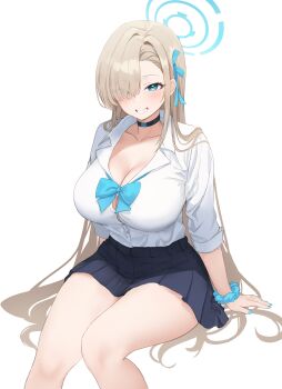 1girl absurdres arms_at_sides asuna_(blue_archive) asuna_(school_uniform)_(blue_archive) black_choker black_skirt blonde_hair blue_archive blue_bow blue_eyes blue_halo blue_nails blue_scrunchie blush bow breasts button_gap choker cleavage collarbone collared_shirt commentary_request dress_shirt eyelashes eyes_visible_through_hair grin gyaru hair_bow hair_over_one_eye hair_over_shoulder halo highres invisible_chair kogal korean_commentary large_breasts long_hair long_sleeves looking_at_viewer mako_draw01 miniskirt nail_polish official_alternate_costume pleated_skirt school_uniform scrunchie shirt simple_background sitting skirt sleeves_rolled_up smile solo straight_hair thick_thighs thighs very_long_hair white_background white_shirt wrist_scrunchie