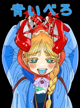 1girl andersen's_fairy_tales arms_up bags_under_eyes black_background blister_pack blonde_hair blue_eyes blue_tongue blush braid braided_ponytail collared_shirt colored_tongue furrowed_brow hair_over_shoulder half-closed_eyes headscarf high_heels highres holding holding_shoes holding_unworn_clothes kazkitashima little_match_girl long_sleeves looking_at_viewer open_mouth patchwork_clothes piercing raised_eyebrows red_scarf red_shoes scarf shirt shoes solo thick_eyelashes tongue tongue_out tongue_piercing translated unworn_shoes upper_body