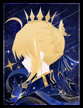 1girl ahoge artist_name artoria_pendragon_(fate) black_border blonde_hair blue_background blue_bow blue_butterfly blue_dress border bow braid bug butterfly butterfly_hair_ornament butterfly_ornament closed_mouth covered_eyes crown dress fate/stay_night fate/unlimited_blade_works fate_(series) hair_bow hair_ornament hair_over_eyes highres honkai:_star_rail honkai_(series) huge_ahoge insect qingcichuan saber_(fate) saber_(honkai:_star_rail)_(fate) short_hair sidelocks solo sparkle sparkle_background sparkle_print star_(sky) star_(symbol) star_print starry_sky_background upper_body yellow_butterfly
