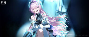 Rule 34 | 1girl, absurdres, aemeath (wuthering waves), bare shoulders, chinese commentary, closed eyes, commentary request, crying, elbow gloves, glitch, gloves, highres, holding, holding stuffed toy, logo, long hair, official art, open mouth, pink hair, sad smile, sitting, smile, solo, stuffed animal, stuffed cat, stuffed toy, white gloves, wuthering waves