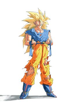 Rule 34 | 1boy, absurdres, blonde hair, blue boots, blue sash, blue shirt, blue wrist cuffs, boots, dragon ball, dragonball z, full body, green eyes, highres, long hair, male focus, muscular, muscular male, orange pants, pants, pato007711, sash, shirt, simple background, solo, son goku, spiked hair, standing, super saiyan, super saiyan 3, torn clothes, torn pants, torn shirt, white background, wrist cuffs