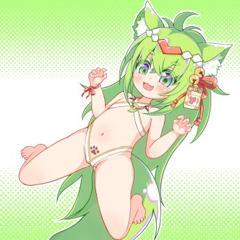 1girl ahoge arms_up azur_lane barefoot bell bikini blush claw_pose fang feet flat_chest gluteal_fold green_eyes green_hair groin hair_bell hair_ornament isokaze_(azur_lane) jingle_bell legs legs_apart loli long_hair navel open_mouth paruya paw_print smile solo stomach swimsuit thighs toes very_long_hair white_bikini