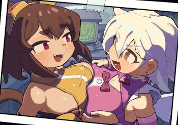 2girls animal_ears blush breast_press breasts brown_eyes brown_hair cat_ears cat_girl cat_tail commentary_request earrings furry furry_female gameoverse goggles goggles_on_head greentanuki heart heart_earrings jewelry kit_bodega large_breasts looking_at_another lulu_(gameoverse) mole mole_under_eye multiple_girls open_mouth photo_(object) red_eyes short_hair smile symmetrical_docking tail white_hair white_wings wings yuri