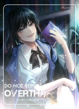 Rule 34 | 1girl, asamanemo, black hair, black robe, bob cut, book, bookshelf, bow, bowtie, chair, collared shirt, crossed legs, english text, han sooyoung, hand on own knee, highres, holding, holding book, indoors, official art, omniscient reader's viewpoint, open book, open clothes, open robe, plant, potted plant, promotional art, robe, shirt, short hair, sitting, solo, white shirt