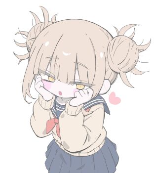 Rule 34 | 1girl, :o, black sailor collar, black skirt, blonde hair, blush stickers, boku no hero academia, cardigan, commentary request, double bun, fang, hair bun, hands on own cheeks, hands on own face, hands up, heart, highres, izumi (yura izumi), long sleeves, messy hair, neckerchief, open mouth, pleated skirt, red neckerchief, sailor collar, school uniform, short hair, sidelocks, simple background, skirt, solo, toga himiko, upper body, white background, yellow cardigan, yellow eyes