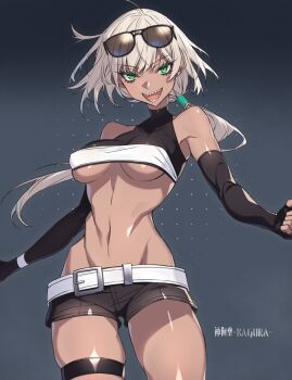 Rule 34 | 1girl, :d, ahoge, artist name, bandeau, bare shoulders, belt, black bandeau, black gloves, black shorts, breasts, clenched hand, commentary request, covered collarbone, cowboy shot, dark-skinned female, dark skin, elbow gloves, eyewear on head, fingerless gloves, floating hair, gloves, green eyes, grey background, groin, hair between eyes, highres, kagura xii, long hair, looking at viewer, low ponytail, medium breasts, navel, open mouth, original, ponytail, sharp teeth, short shorts, shorts, simple background, skindentation, smile, solo, standing, stomach, strapless, sunglasses, teeth, thigh strap, tube top, underboob, white belt, white hair, white tube top