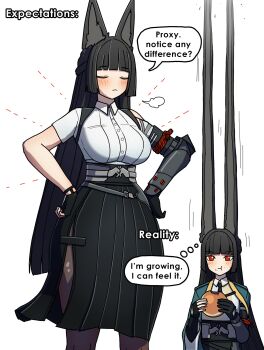 1girl absurdres alternate_breast_size_(larger) animal_ear_fluff animal_ears aqua_jacket arm_out_of_sleeve black_gloves black_hair black_necktie black_skirt blunt_bangs blush breasts brown_pantyhose closed_eyes closed_mouth comically_large_ears commentary dorahdew eating english_commentary english_text fingerless_gloves food food_on_face fox_ears fox_girl gauntlets gloves hands_on_own_hips high-waist_skirt highres holding holding_food hoshimi_miyabi jacket large_breasts large_ears long_ears long_hair long_skirt motion_lines multiple_views necktie pantyhose red_eyes shirt simple_background single_fingerless_glove single_gauntlet skirt speech_bubble steamed_bun thought_bubble white_background white_shirt zenless_zone_zero