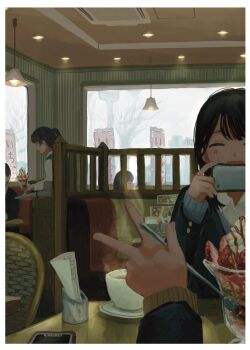 Rule 34 | 1boy, 1other, 3girls, black hair, blazer, booth seating, border, ceiling, cellphone, closed eyes, commentary request, cup, food, fruit, highres, holding, holding phone, holding spoon, indoors, jacket, lapels, multiple girls, oimoti tn, open mouth, original, parfait, phone, ponytail, pov, pov hands, restaurant, smartphone, spoon, steam, strawberry, strawberry syrup, sweater, table, taking picture, v, waitress, whipped cream, white border, window