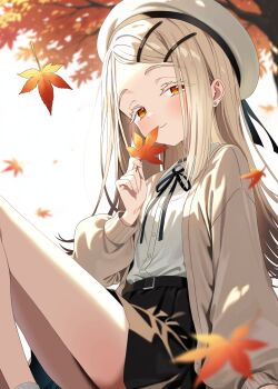 1girl absurdres autumn autumn_leaves beret blonde_hair blush cardigan flat_chest gakuen_idolmaster hat highres idolmaster leaf long_hair looking_at_viewer open_cardigan open_clothes orange_eyes shinosawa_hiro shubashuba sitting skirt smile solo tree