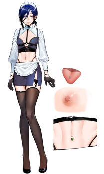 1boy absurdres blue_hair bra chest_harness earrings garter_straps gloves harness highleg highleg_panties highres jewelry light_smile long_hair looking_at_viewer maid maid_headdress miniskirt navel navel_piercing nipple_piercing nipples original panties piercing pink_eyes skirt tawapo thighhighs tongue tongue_out tongue_piercing trap unconventional_maid underwear white_background