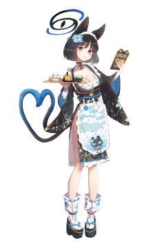 02milos02 1girl absurdres animal_ear_fluff animal_ears apron black_choker black_eyes black_hair black_kimono black_sash blue_archive blue_flower blue_halo blush breasts cat_ears cat_girl cat_tail choker cleavage closed_mouth commentary_request flower hair_flower hair_ornament halo highres holding holding_menu holding_tray japanese_clothes kikyou_(blue_archive) kimono looking_at_viewer maid maid_apron maid_headdress menu obi platform_sandals sandals sash short_hair side_slit solo tabi tail tray wide_sleeves