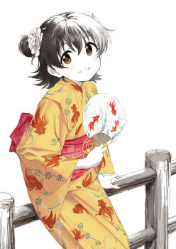 1girl absurdres akagi_miria black_hair brown_eyes commentary_request double_bun feet_out_of_frame grin hair_between_eyes hair_bun hair_ornament hand_fan highres holding holding_fan idolmaster idolmaster_cinderella_girls japanese_clothes kimono long_sleeves looking_at_viewer nf_kb obi red_sash sash short_hair simple_background smile solo standing sweat white_background wide_sleeves yellow_kimono