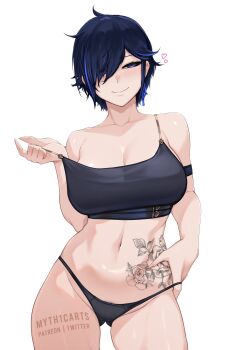 1girl artist_name ayase_yuu black_hair black_panties blue_eyes blue_hair breasts cleavage closed_mouth collarbone female_pubic_hair flower_tattoo hair_over_one_eye heart highres multicolored_hair myth1carts navel panties phase_connect pubic_hair smile solo stomach stomach_tattoo streaked_hair tattoo underwear virtual_youtuber
