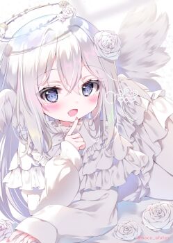 Rule 34 | 1girl, angel, artist name, blue eyes, blush, commentary request, commission, cowboy shot, dress, feathered wings, flower, frilled dress, frills, hair flower, hair ornament, halo, highres, layered dress, long sleeves, looking at viewer, lying, moco ofuton, on side, open mouth, original, pantyhose, rose, sidelocks, simple background, skeb commission, sleeves past wrists, smile, twitter username, white background, white dress, white flower, white hair, white pantyhose, white rose, white theme, white wings, wings