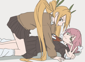 2girls all_fours blonde_hair breasts flower girl_on_top green_eyes green_ribbon hair_flower hair_ornament hair_ribbon hanazono_hakari highres inda_karane kimi_no_koto_ga_dai_dai_dai_dai_daisuki_na_100-nin_no_kanojo long_hair long_sleeves looking_at_viewer lying multiple_girls neck_ribbon ohananomitsu_high_school_uniform on_back open_mouth pink_hair ribbon school_uniform shirt short_hair simple_background skirt smile twintails v white_shirt yasan_2 yellow_eyes yuri