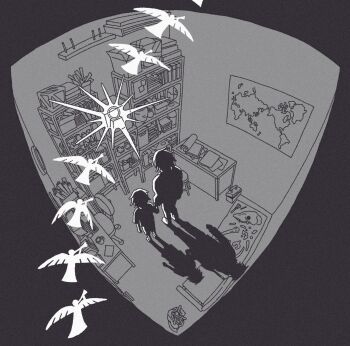 2boys angel bone box chair daybit_sem_void fate/grand_order fate_(series) father_and_son from_above globe gloves glowing_object highres holding_hands kzviet long_sleeves map map_(object) multiple_boys paper shadow shelf short_hair short_sleeves shorts swivel_chair table unworn_gloves wide_shot world_map