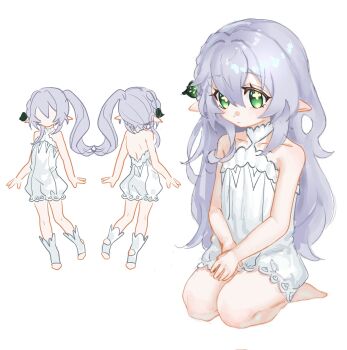 070203wjx 1girl alternate_costume alternate_hairstyle arms_at_sides asymmetrical_sidelocks backless_dress backless_outfit bare_shoulders barefoot braid closed_mouth collarbone commentary_request cross-shaped_pupils dress genshin_impact green_eyes green_pupils hair_between_eyes hair_down hair_ornament half_crown_braid hands_on_own_thigh highres leaf leaf_hair_ornament long_hair looking_down median_furrow multiple_views nahida_(genshin_impact) open_hands own_hands_together pointy_ears reference_sheet seiza short_dress shoulder_blades side_ponytail sidelocks sitting sleeveless sleeveless_dress socks solo stirrup_footwear symbol-shaped_pupils tachi-e white_dress white_hair white_socks