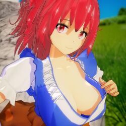 1girl 3d animated breasts cleavage closed_mouth downblouse large_breasts looking_at_viewer matching_hair/eyes mofumoko5 no_bra onozuka_komachi red_eyes red_hair smile solo teasing touhou twintails upper_body video
